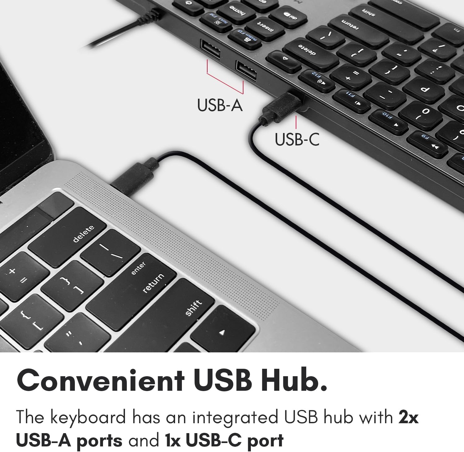 The keyboard has an integrated USB hub with 2x USB-A ports and 1x USB-C port.