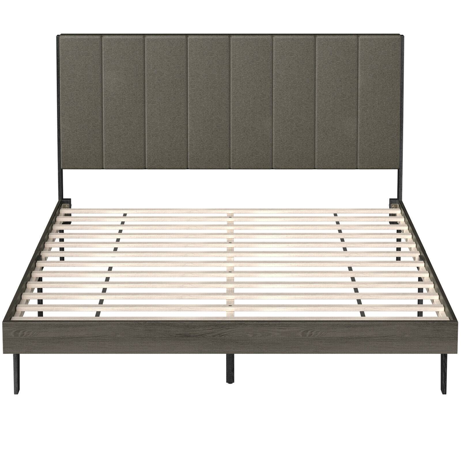 Alt View 9. Sugift - Queen Size Upholstered Bed Frame with Tufted Headboard - Grey.