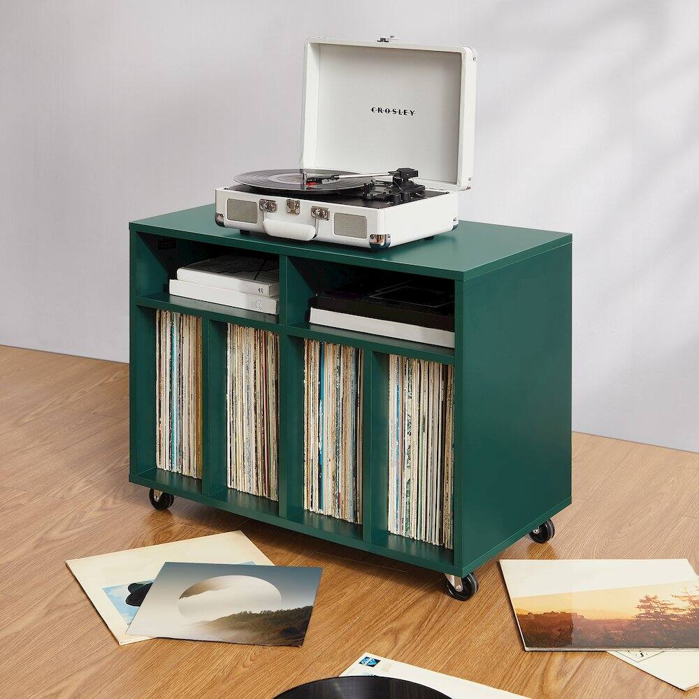 Alt View 8. Crosley Furniture - Carlo Rolling Record Player Stand With Vinyl Storage - Dark Teal.