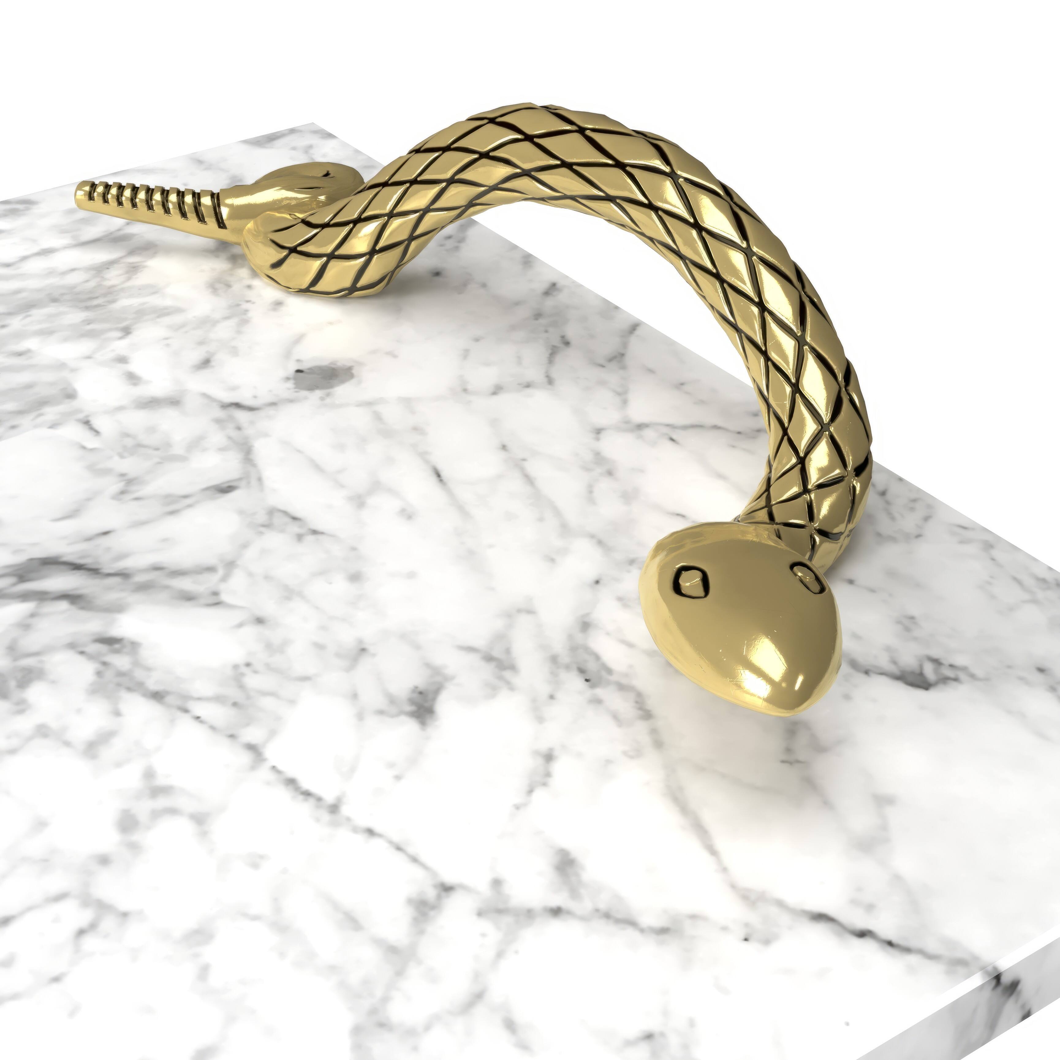 Alt View 4. Manhattan Lane - Mamba White Marble Decorative Serving Tray with Brass Snake Handles - White, Brass.