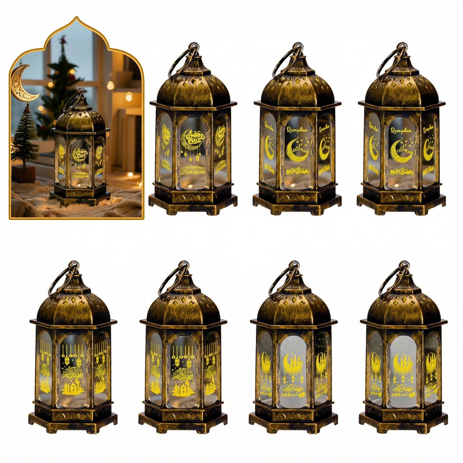 IMAGE 8 Pcs Mini Moroccan Hanging Lanterns with LED Lights Brushed ...