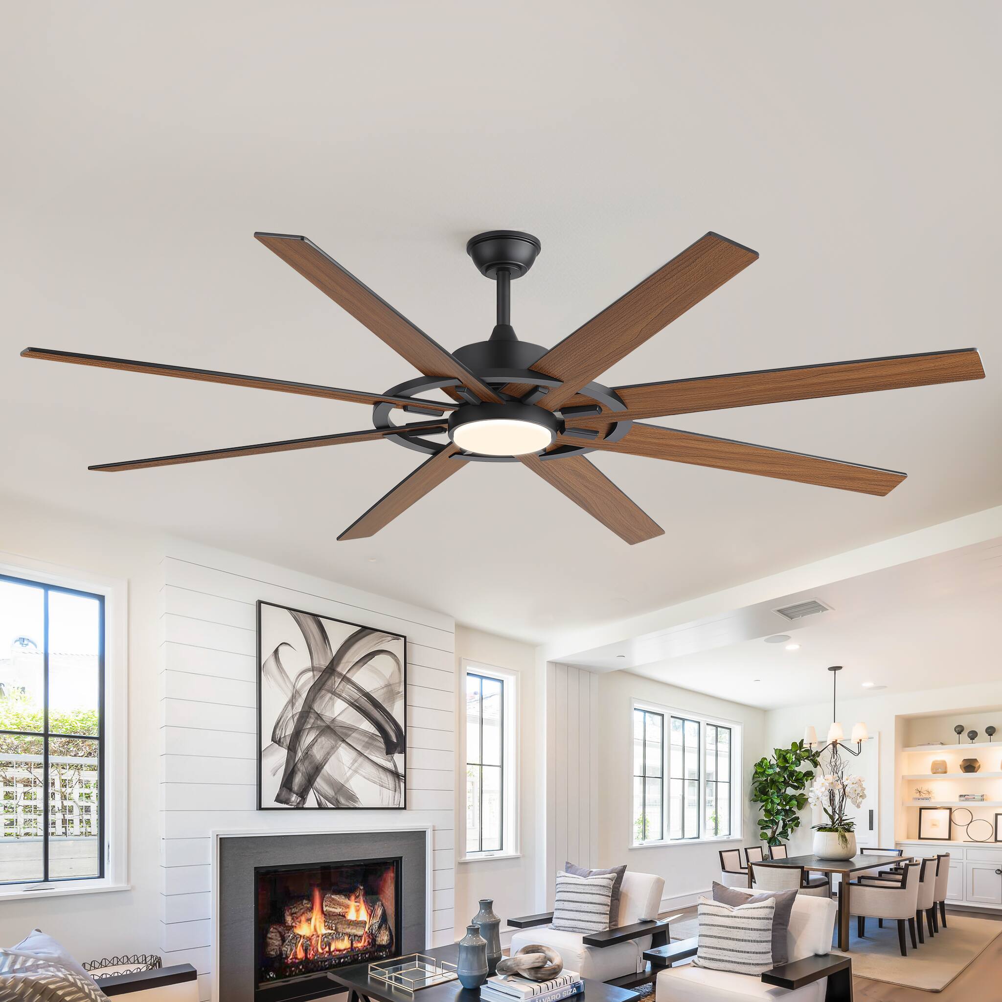 Back. Breezary - 72-Inch Ceiling Fan with LED Light, 8 Plywood Blades, 6-Speed Remote, Timer, Tri-Color Dimmable Light, Dual Downrods - 72-Inch Black.