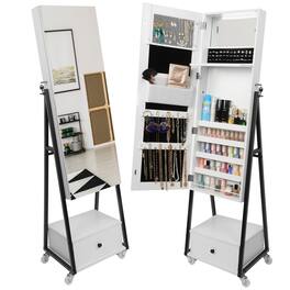 Oumilen - Rolling Lockable Jewelry Armoire with Full-Length Mirror & Storage Drawer - White