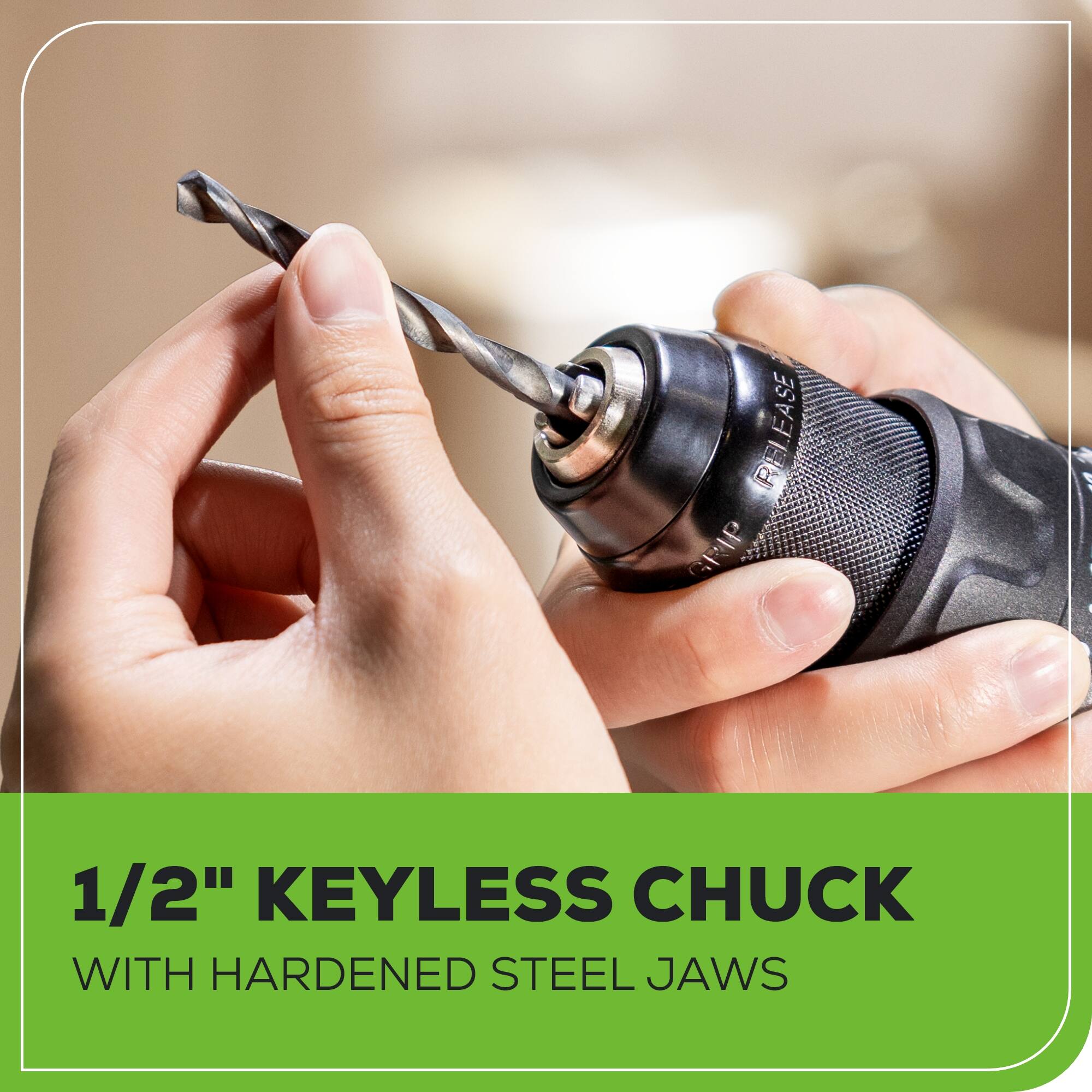 1/2" KEYLESS CHUCK WITH HARDENED STEEL JAWS
