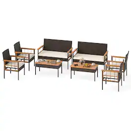 Gymax - Set of 8 Wicker Furniture Set w/Acacia Wood Tabletop Armrests Cushions for Backyard White - Brown