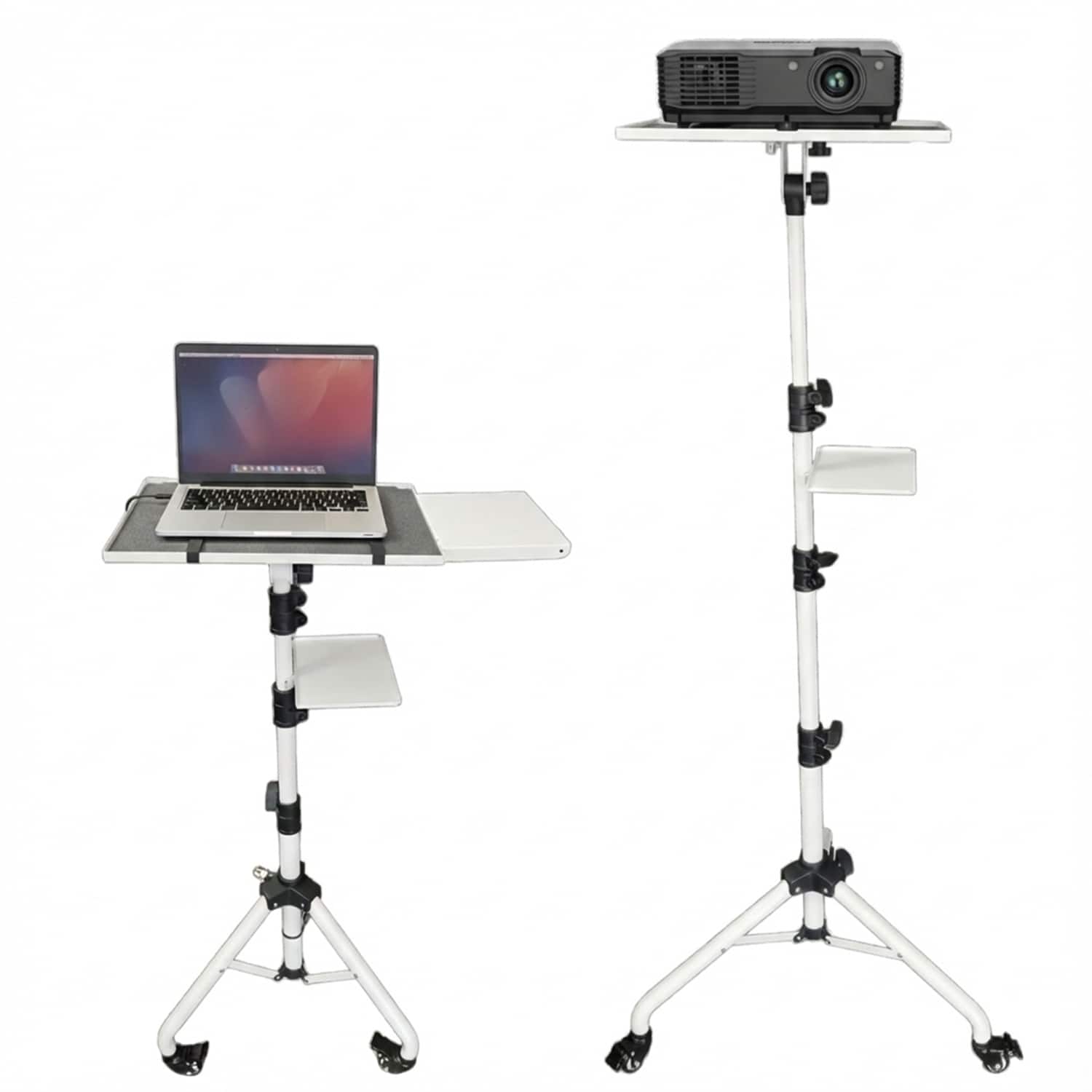 5 CORE - Projector Stand 29.5 to 71 Inch Adjustable Tripod 2 Shelves Portable Laptop Cart w Phone Holder - White