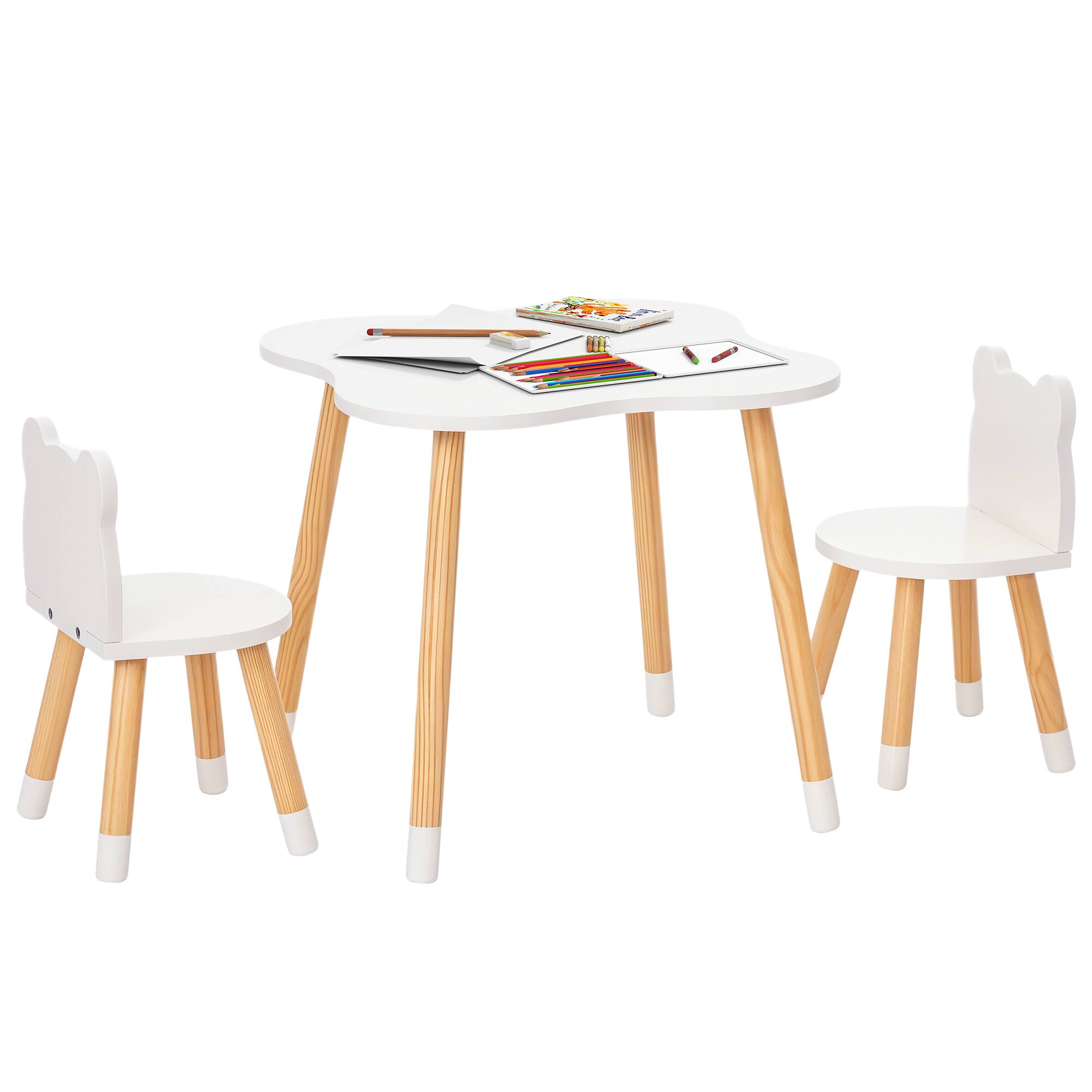 Front. Qaba - Wooden Kids Table and Chair Set Ideal for Arts, Meals, Homework, Cute Toddler Activity Table for Age 1-4 Years - White.