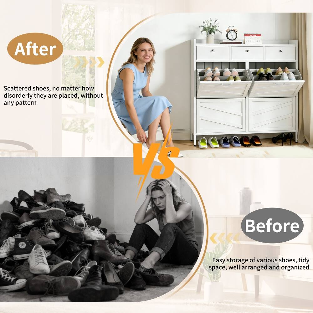 After  
Scattered shoes, no matter how disorderly they are placed, without any pattern

VS

Before  
Easy storage of various shoes, tidy space, well arranged and organized
