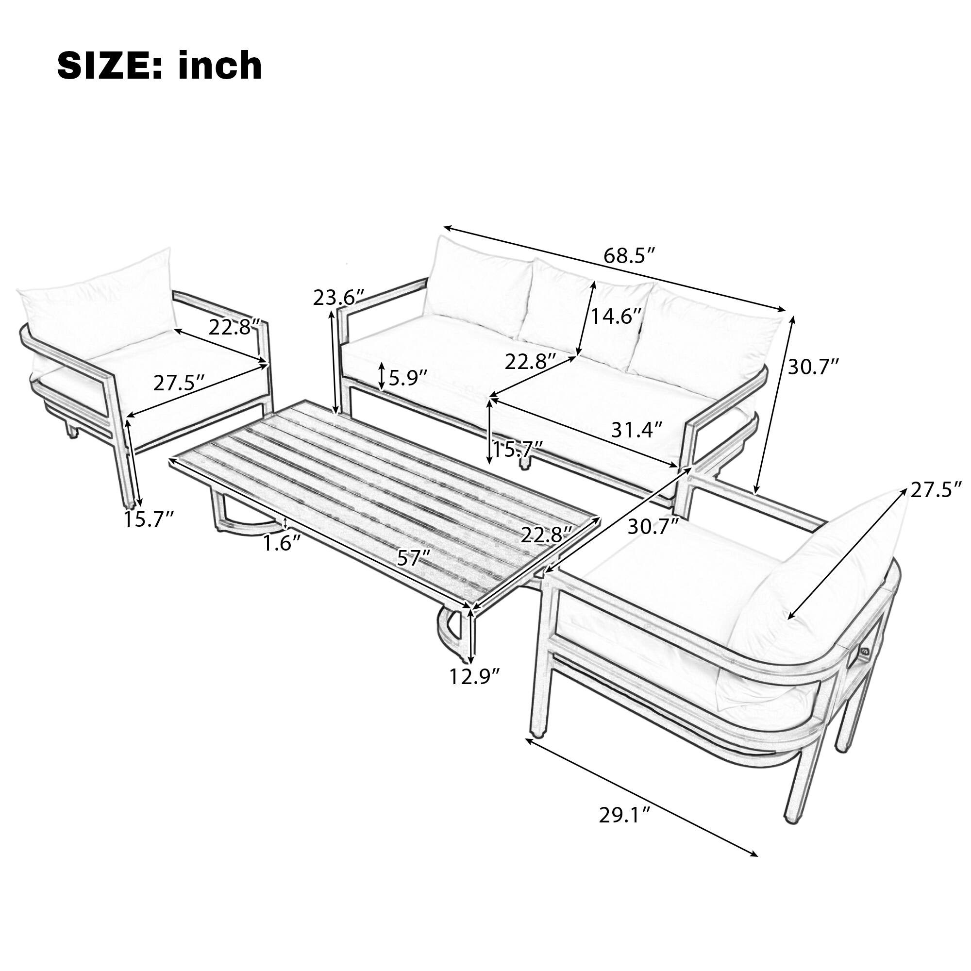 SIZE: inch  
68.5"  
22.8"  
27.5"  
23.6"  
15.9"  
22.8"  
14.6"  
30.7"  
15.7"  
31.4"  
15.7"  
1.6"  
57"  
22.8"  
30.7"  
27.5"  
12.9"  
29.1"