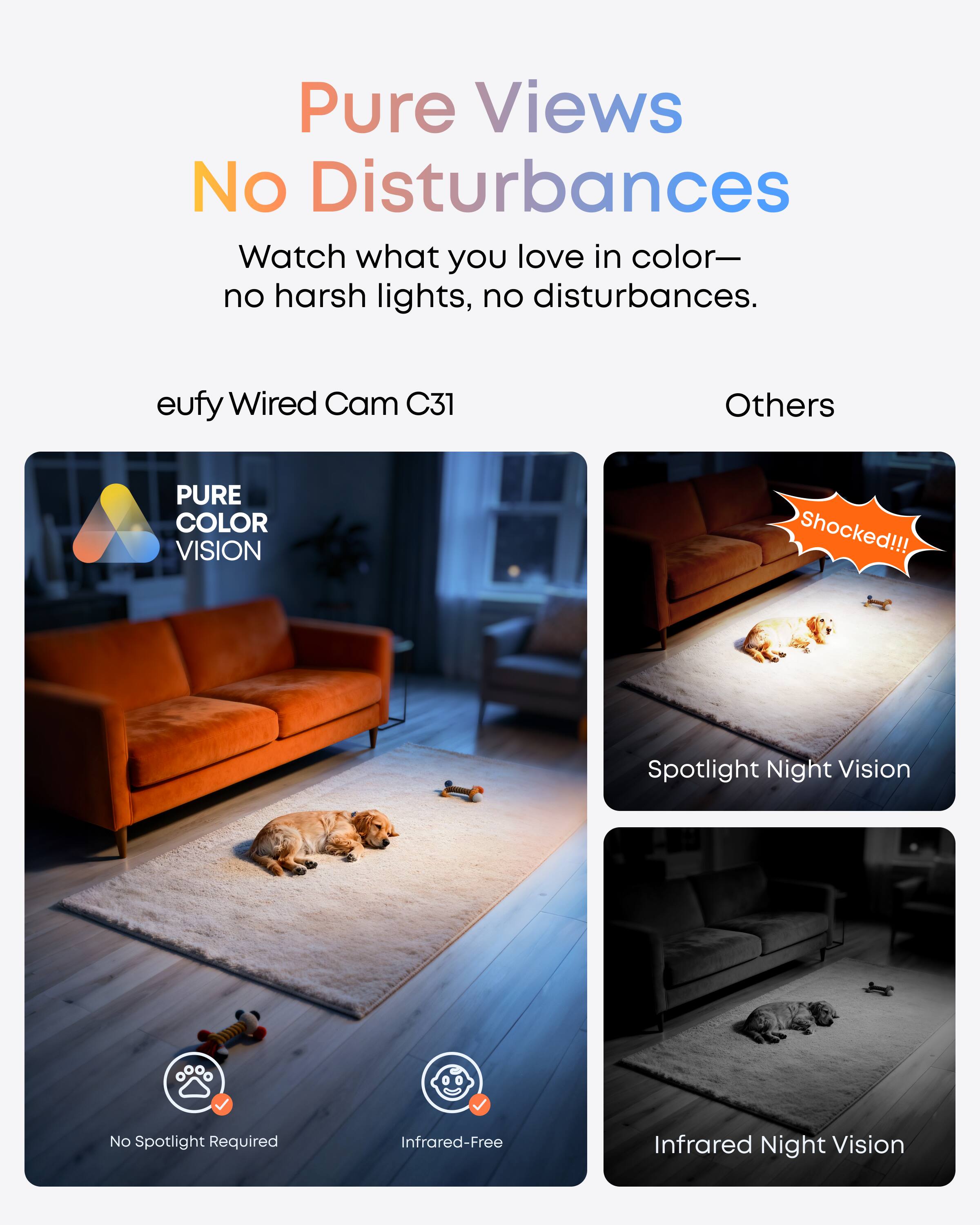Pure Views No Disturbances  
Watch what you love in color—no harsh lights, no disturbances.  

eufy Wired Cam C31  
Others  

PURE COLOR VISION  
No Spotlight Required  
Infrared-Free  

Spotlight Night Vision  
Infrared Night Vision