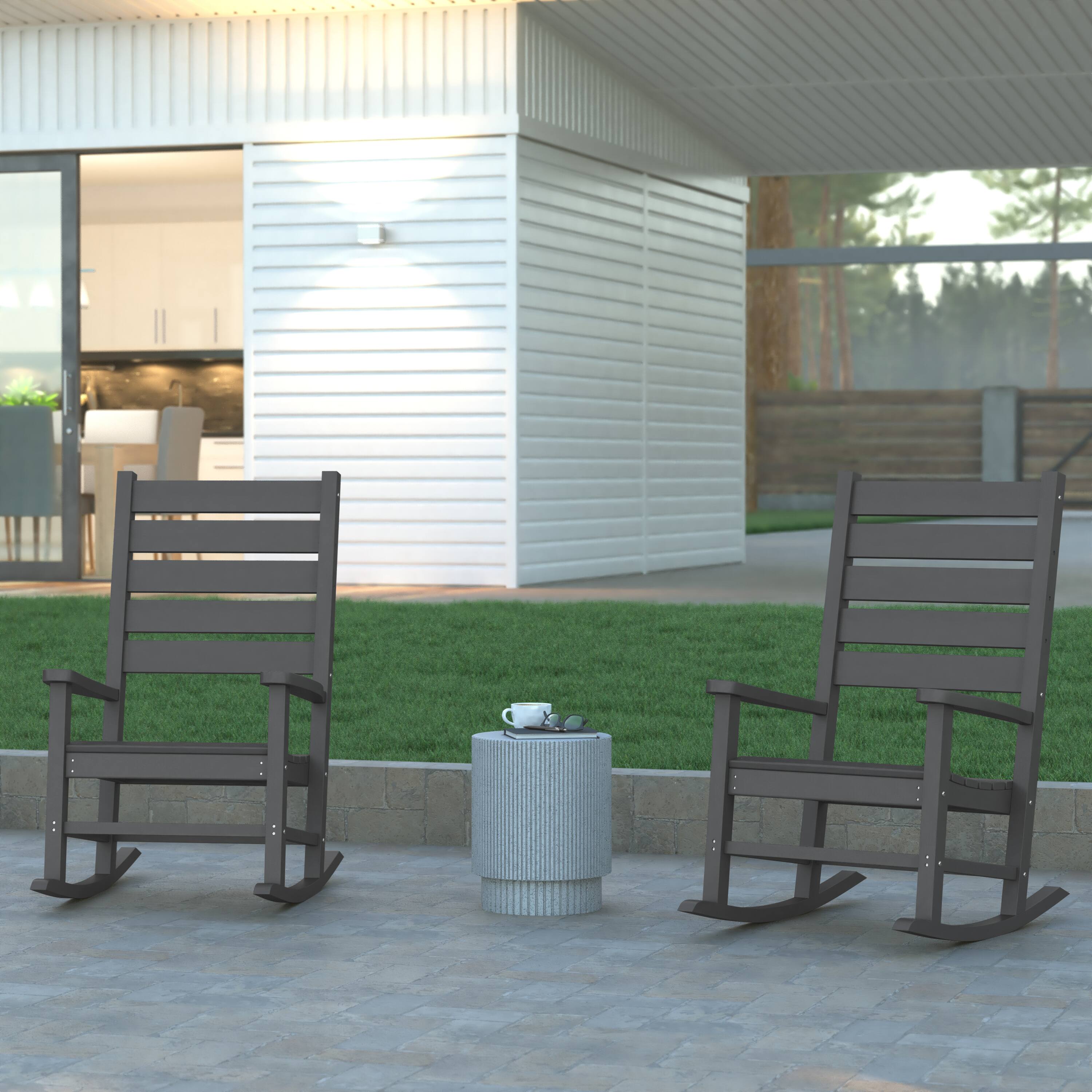 Alt View 2. Emma + Oliver - Florian Set of 2 Contemporary Rocking Chairs, All-Weather HDPE Indoor/Outdoor Rockers - Gray.