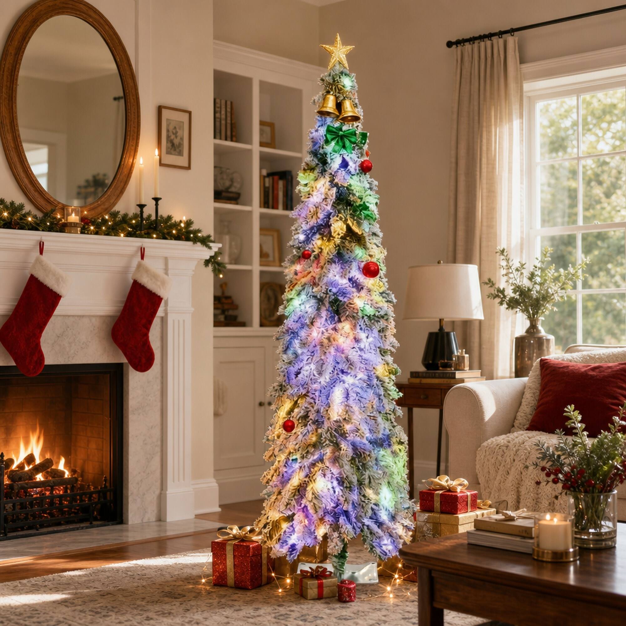 Angle. RYHNUYNE - Pre-Lit Slim Flocked Christmas Tree With Warm White or Colorful LED Lights and Snow Frosted Branches - Green.