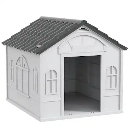 Front. Pawhut - Plastic Dog House, Water Resistant, Indoor Outdoor, with Door, Easy to Assemble, for Medium and Small Dogs.