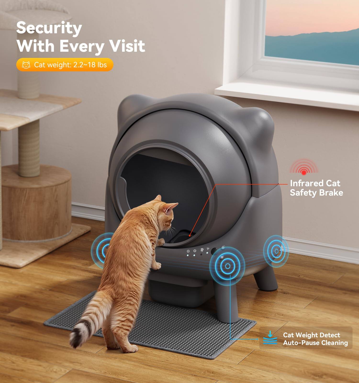 Security With Every Visit  
Cat weight: 2.2~18 lbs  

Infrared Cat Safety Brake  
Cat Weight Detect Auto-Pause Cleaning