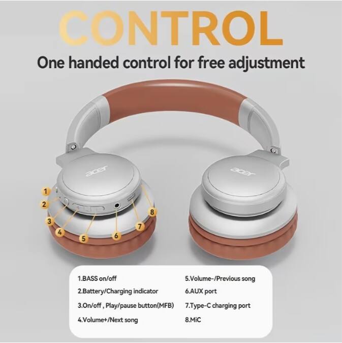 CONTROL  
One handed control for free adjustment

1. BASS on/off  
2. Battery/Charging indicator  
3. On/off, Play/pause button (MFB)  
4. Volume+/Next song  
5. Volume-/Previous song  
6. AUX port  
7. Type-C charging port  
8. Mic