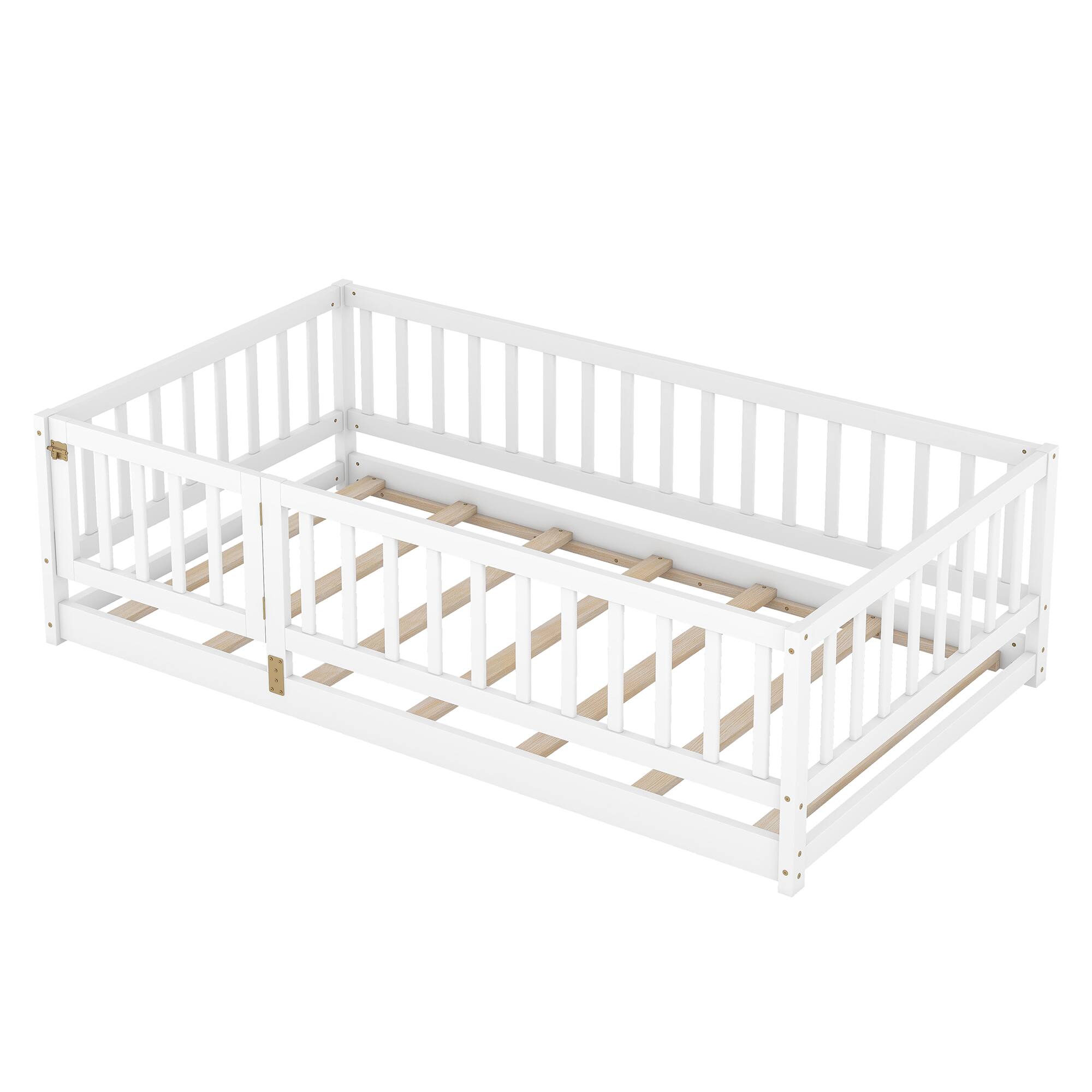 Alt View 5. GOODSILO - Twin Size Montessori Floor Bed with Fence and Door, Wood Bed Frame for Kids, Boys & Girls - White.