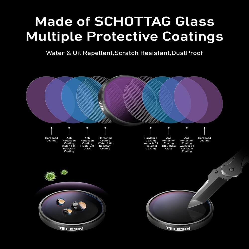 Made of SCHOTTAG Glass  
Multiple Protective Coatings  

Water & Oil Repellent, Scratch Resistant, DustProof  

- Hardened Coating  
- Anti Reflection Water & Oil Resistant Coating  
- Anti Reflection HD Optical Class Coating  
- Hardened Coating  
- Anti Reflection Water & Oil Resistant Coating  
- Hardened Coating  

TELESIN