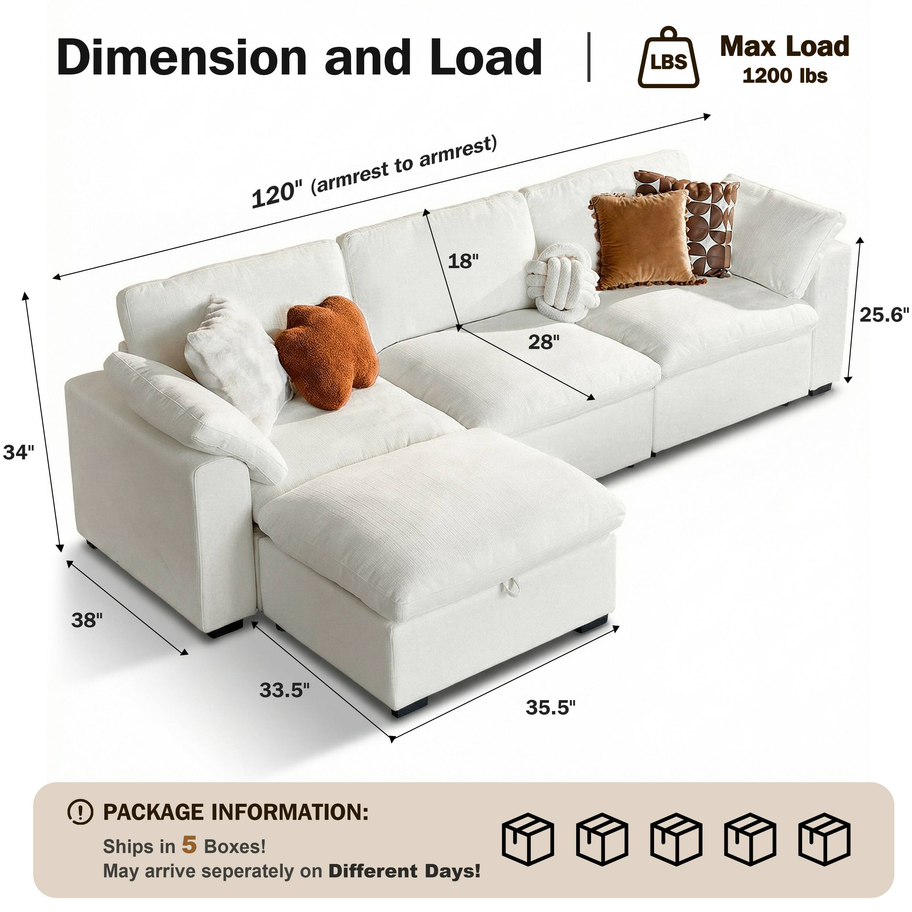 Dimension and Load | LBS  
Max Load: 1200 lbs  
120" (armrest to armrest)  
18"  
28"  
25.6"  
34"  
38"  
33.5"  
35.5"  

PACKAGE INFORMATION:  
Ships in 5 Boxes!  
May arrive separately on Different Days!