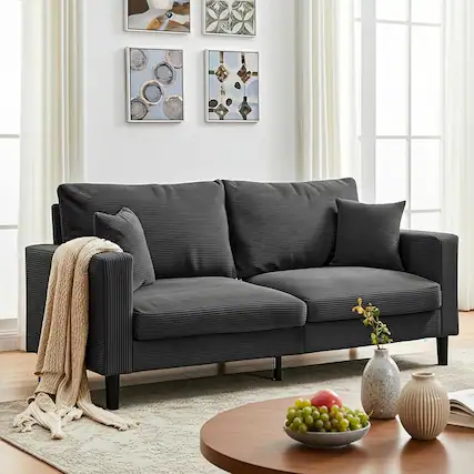 Front. Trinkets Crazed - 74" Small Couch, Loveseat Sofa with Modern Corduroy Fabric and 2 Pillows for Living Room - dark gray.