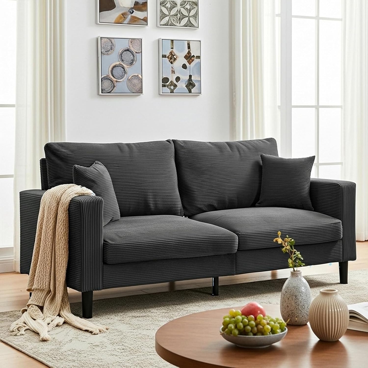 Front. Trinkets Crazed - 74" Small Couch, Loveseat Sofa with Modern Corduroy Fabric and 2 Pillows for Living Room - dark gray.