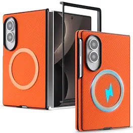 Dteck - Magnetic Carbon Fiber Texture Case for Samsung Galaxy Z Fold8, Slim Shockproof Phone Cover with Raised Edge Protection - Orange