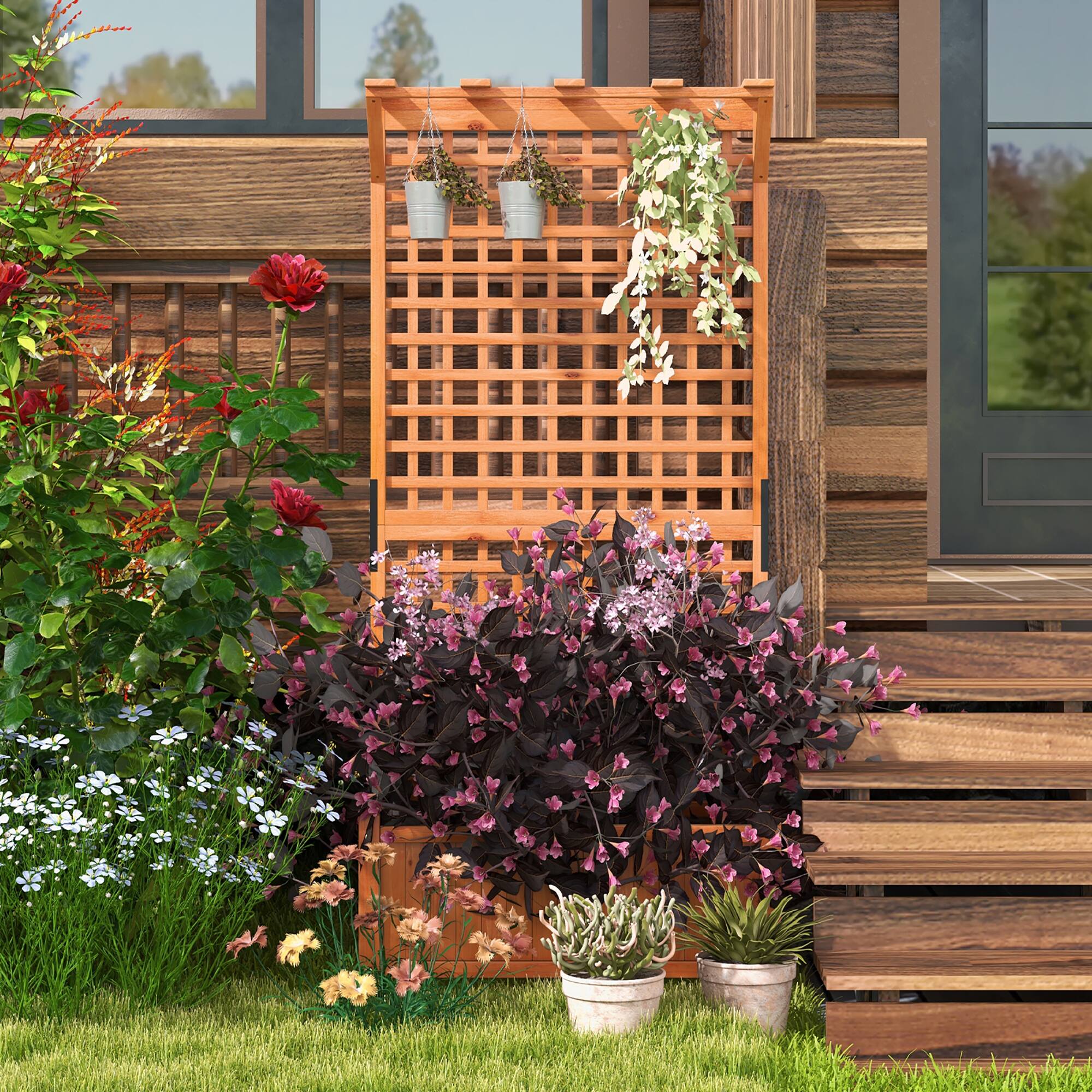 Alt View 3. Gymax - Gymax Wooden Planter Raised Garden Bed w/ Planter Box & Trellis Indoor & Outdoor - Natural.