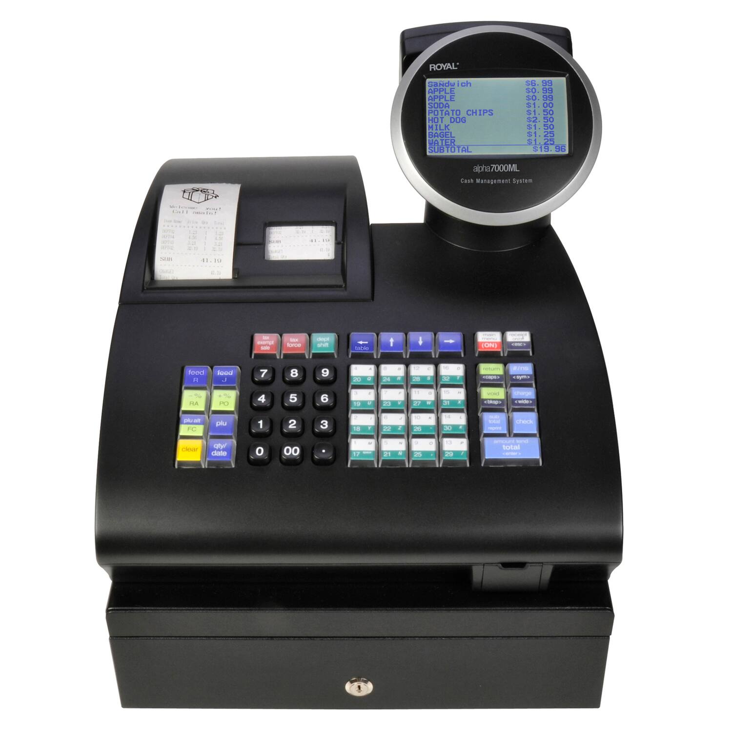 ROYAL Sandwich  
APPLE  
SODA  
POTATO CHIPS  
HOT DOG  
MILK  
BAGEL  
WATER  
SUBTOTAL $6.99  
50.99  
$0.91  
$1.00  
31.50  
32.50  
$1.50  
$1.25  
$1.25  
$19.9  
96  
alpha7000ML  
Cash Management System  
Sosten H - .... i dod - - - - - I - - - - - n - - : i I um 18.314 ha4 . - msa - - rc dp sha Fn 1 Oms | I fooc n Sooud  
7 8 9 2 4 24 + 2 I - - - TL . - P 4 5 6 1 . 20 2V + - - D . E -- - - p al FL plu 1 2 3 18 . 20 1 - k - + - . - check - y daato 0 00 17 2 a . .