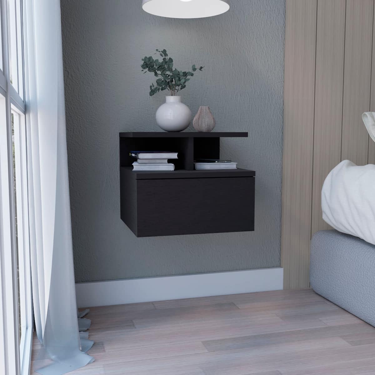 Loheer - Floating Nightstand, Wall Mounted Bedside Table with Drawer and Two Tier Shelf - Black