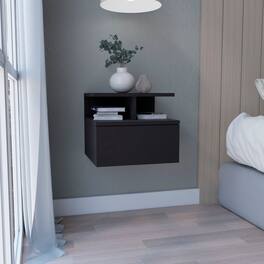 Loheer - Floating Nightstand, Wall Mounted Bedside Table with Drawer and Two Tier Shelf - Black