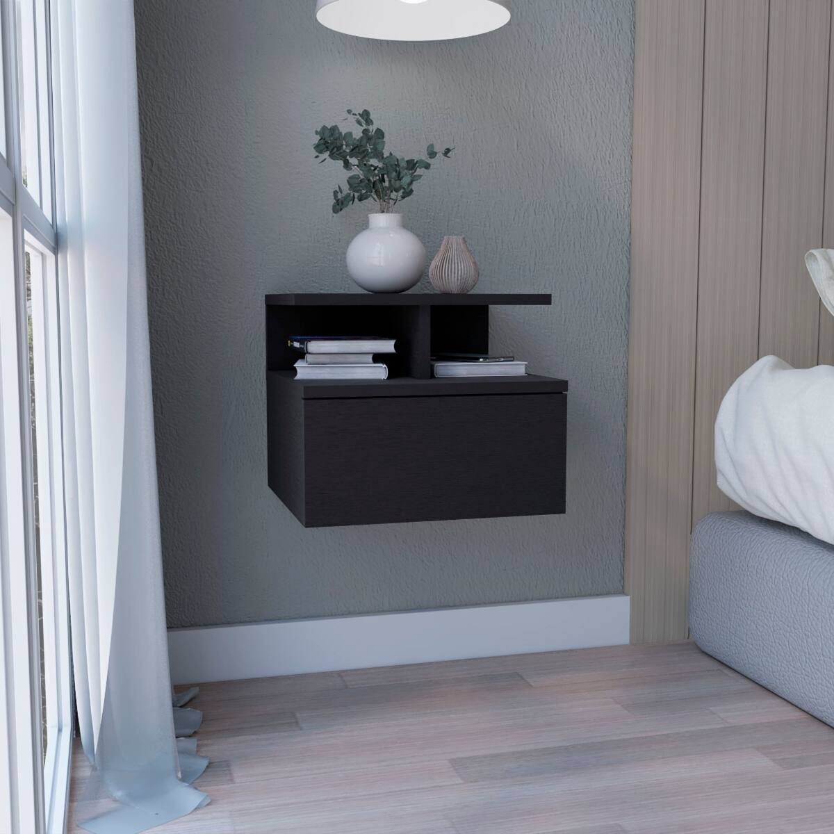 Front. Loheer - Loheer Floating Nightstand, Black Wall Mounted Bedside Table with Drawer and Two Tier Shelf - Black.