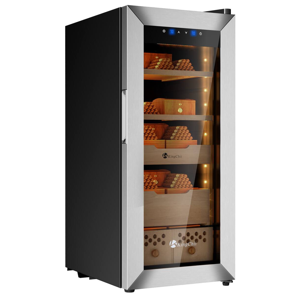 KingChii - 60L Cigar Humidor with Temperature and Humidity Control, Spanish Cedar Shelves and Drawer Hygrometer(550 Capacity) - Silver