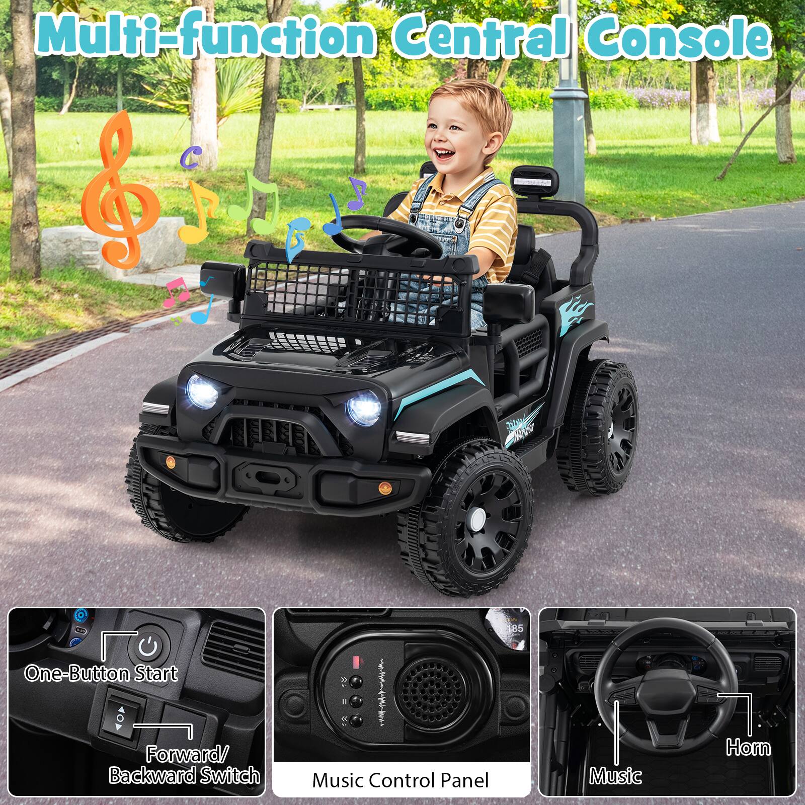 Multi-function Central Console

- One-Button Start
- Forward/Backward Switch
- Music Control Panel
- Music
- Horn