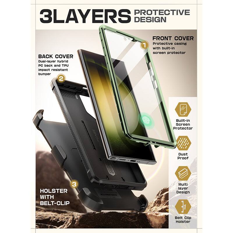**3LAYERS PROTECTIVE DESIGN**

**BACK COVER**
- Dual-layer hybrid PC back and TPU impact resistant bumper

**FRONT COVER**
- Protective casing with built-in screen protector

**HOLSTER WITH BELT-CLIP**
- Multi layer Design Belt Clip Holster

**Features:**
- Built-in Screen Protector
- Dust Proof
- Multi layer Design
- Belt Clip Holster