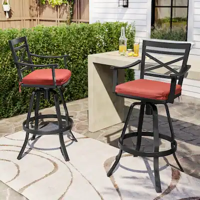 Front. Crestlive Products - Crestlive Products Sunbrella Cast Aluminum Set 2 Black Swivel Bar Stool Chair Red Cushioned Seat - Red-2PC.