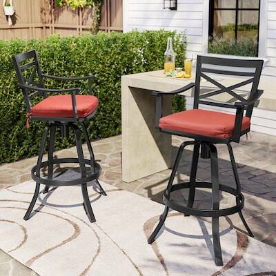 Front. Crestlive Products - Crestlive Products Sunbrella Cast Aluminum Set 2 Black Swivel Bar Stool Chair Red Cushioned Seat - Red-2PC.