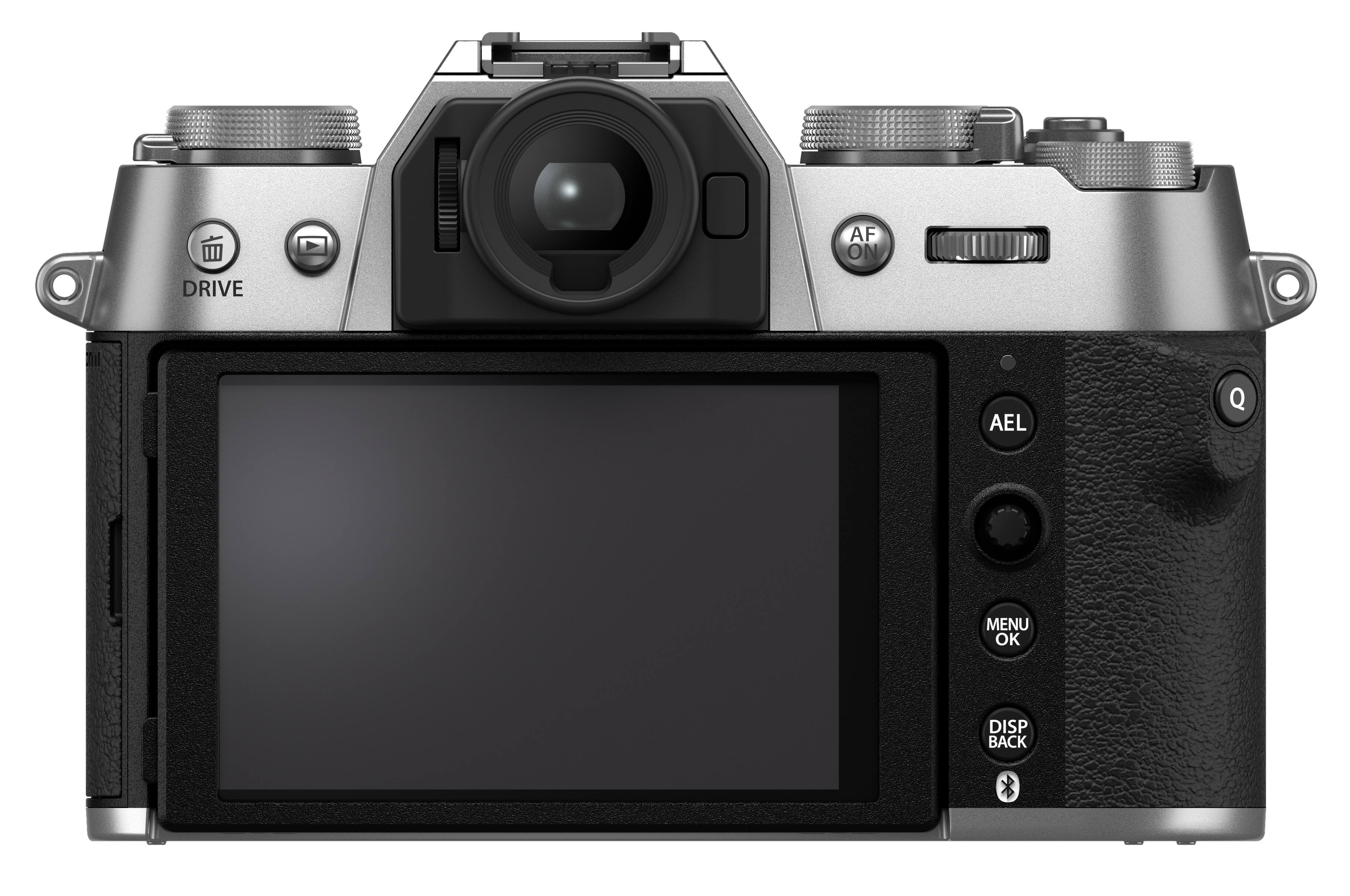 The image features a digital camera with a large screen and a viewfinder. The camera has a black and silver color scheme, and it is equipped with a lens. The camera is designed for taking pictures and recording videos, and it is likely used for various photography purposes. The camera's screen is currently blank, indicating that it is not in use or displaying any content at the moment.