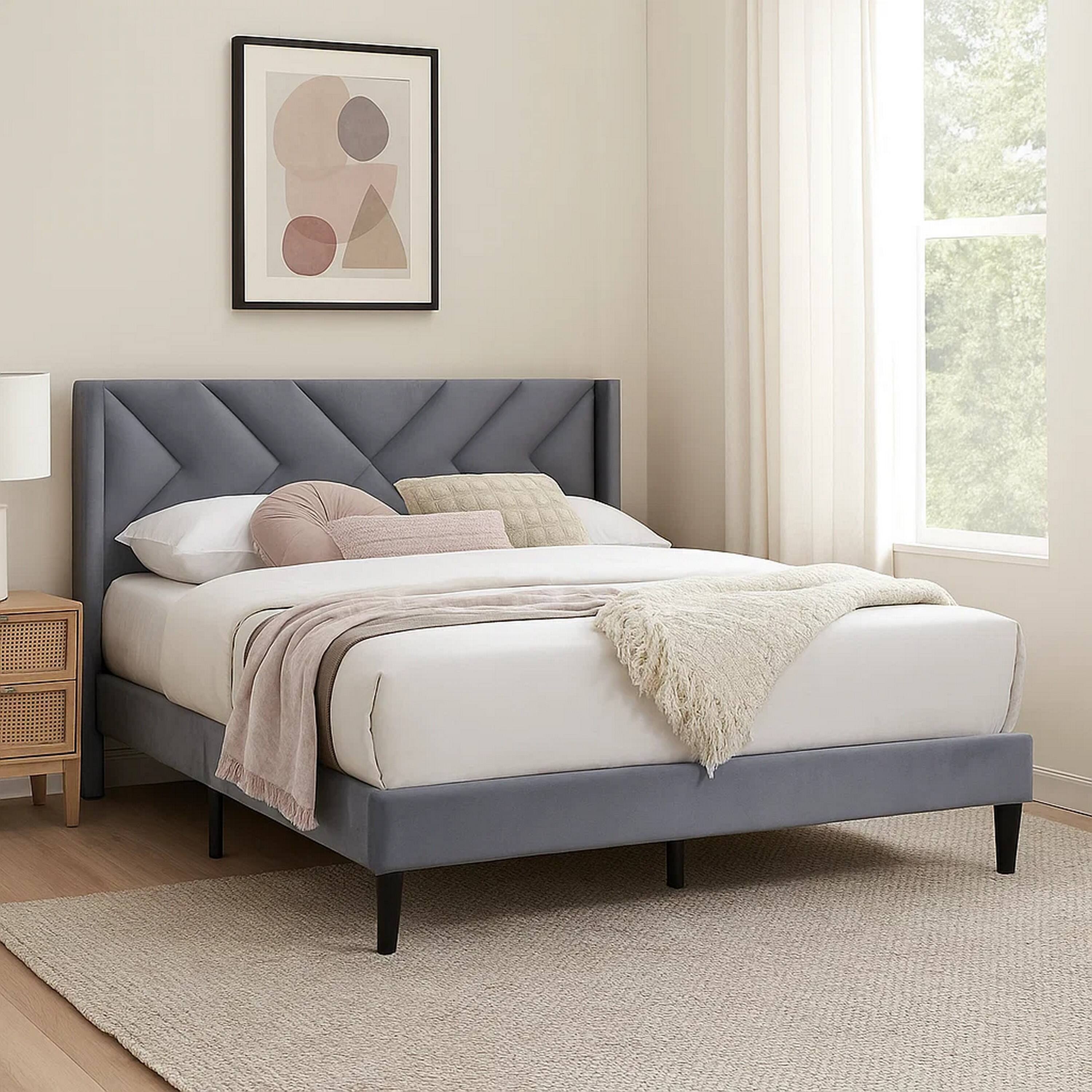 Alt View 3. Manhattan Lane - Niasa Full Size Bed, Chevron Tufted Gray Velvet Upholstered Foam - Gray, Black.
