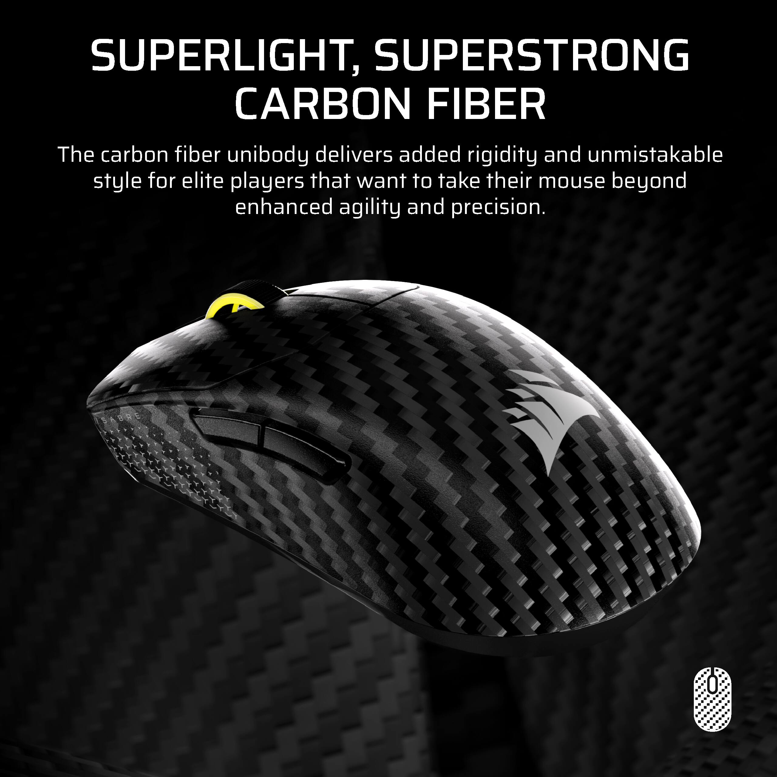 SUPERLIGHT, SUPERSTRONG CARBON FIBER

The carbon fiber unibody delivers added rigidity and unmistakable style for elite players that want to take their mouse beyond enhanced agility and precision.