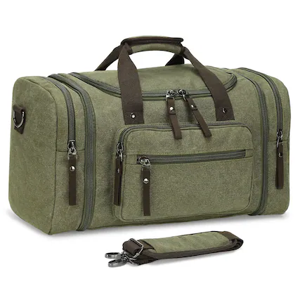 Front. Unique Bargains - Expandable Canvas Duffel 50cm-58cm Sturdy Zipper and Reinforced Handles Lightweight Carry-On Weekender Bag - Green.