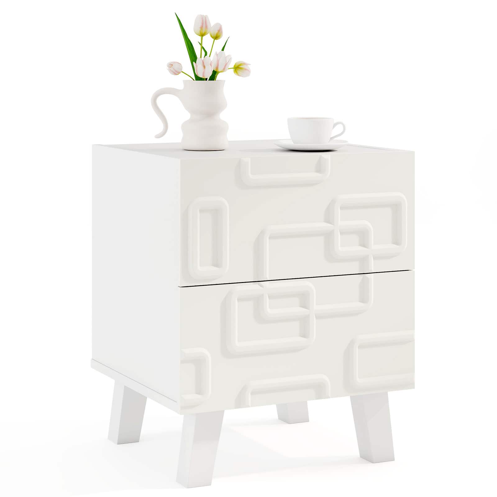 Gymax - Mid Century Modern Bedside Table w/ 2 Storage Drawers & 3D Geometric Patterns - White