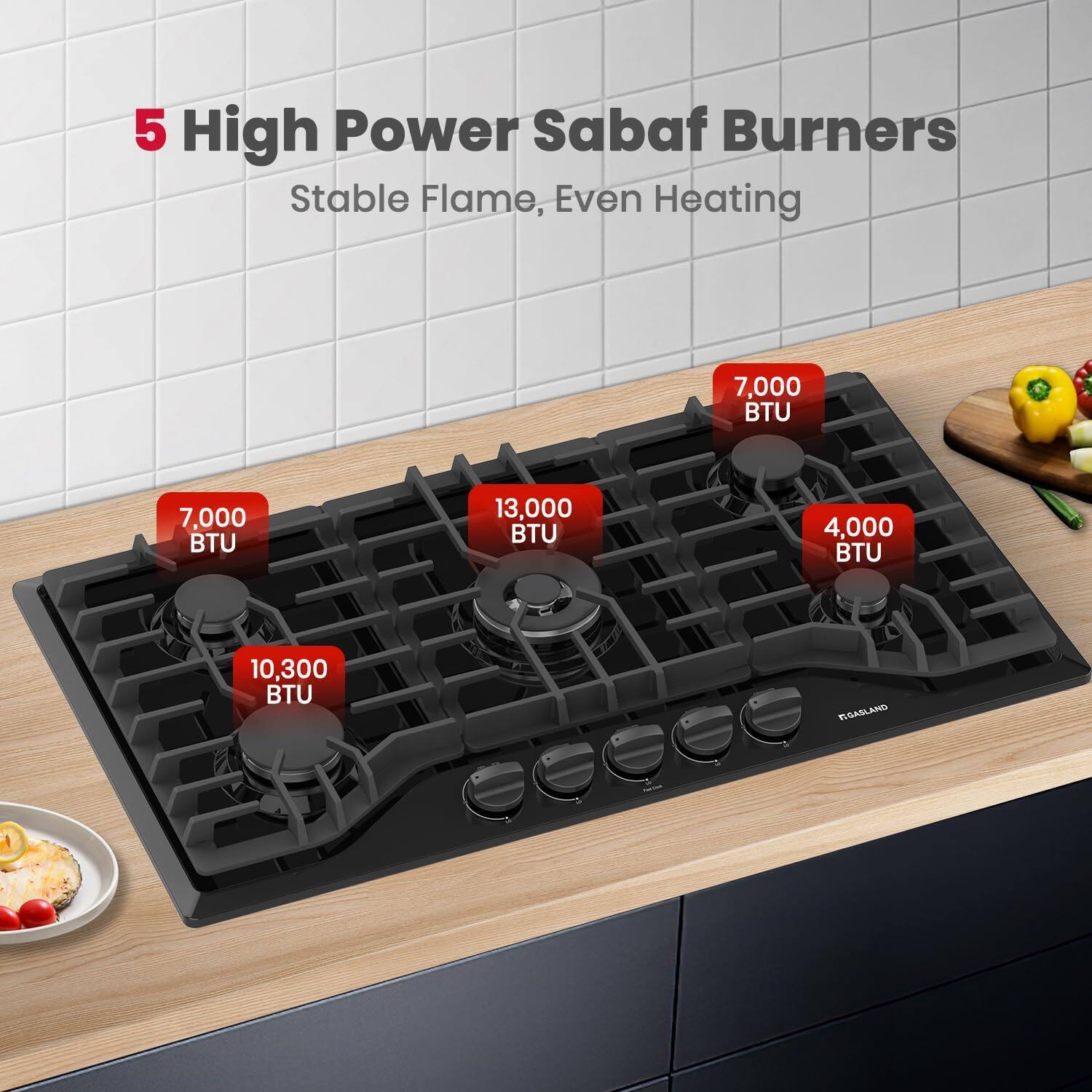 5 High Power Sabaf Burners, Stable Flame, Even Heating, 7,000 BTU, 7,000 BTU, 13,000 BTU, 4,000 BTU, 10,300 BTU, DOASLAND