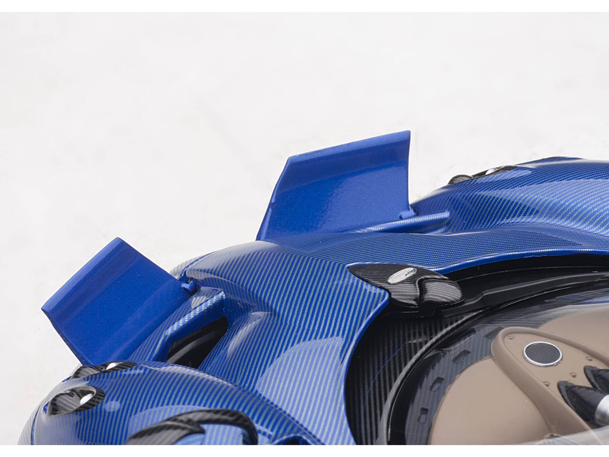 Alt View 2. Autoart - Pagani Huayra Roadster Blue Tricolore Carbon Fiber with Black Top with Luggage Set 1/18 Scale Model Car by Autoart.