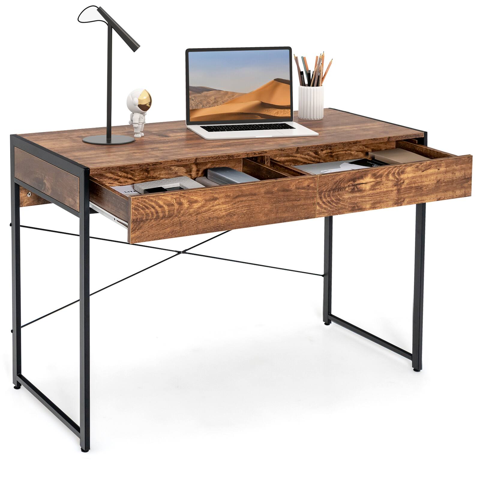 Front. Ecooso - Home Office Writing Desk with 2 Drawers, Steel Frame Computer Workstation for Small Space - Rustic Brown & Black.