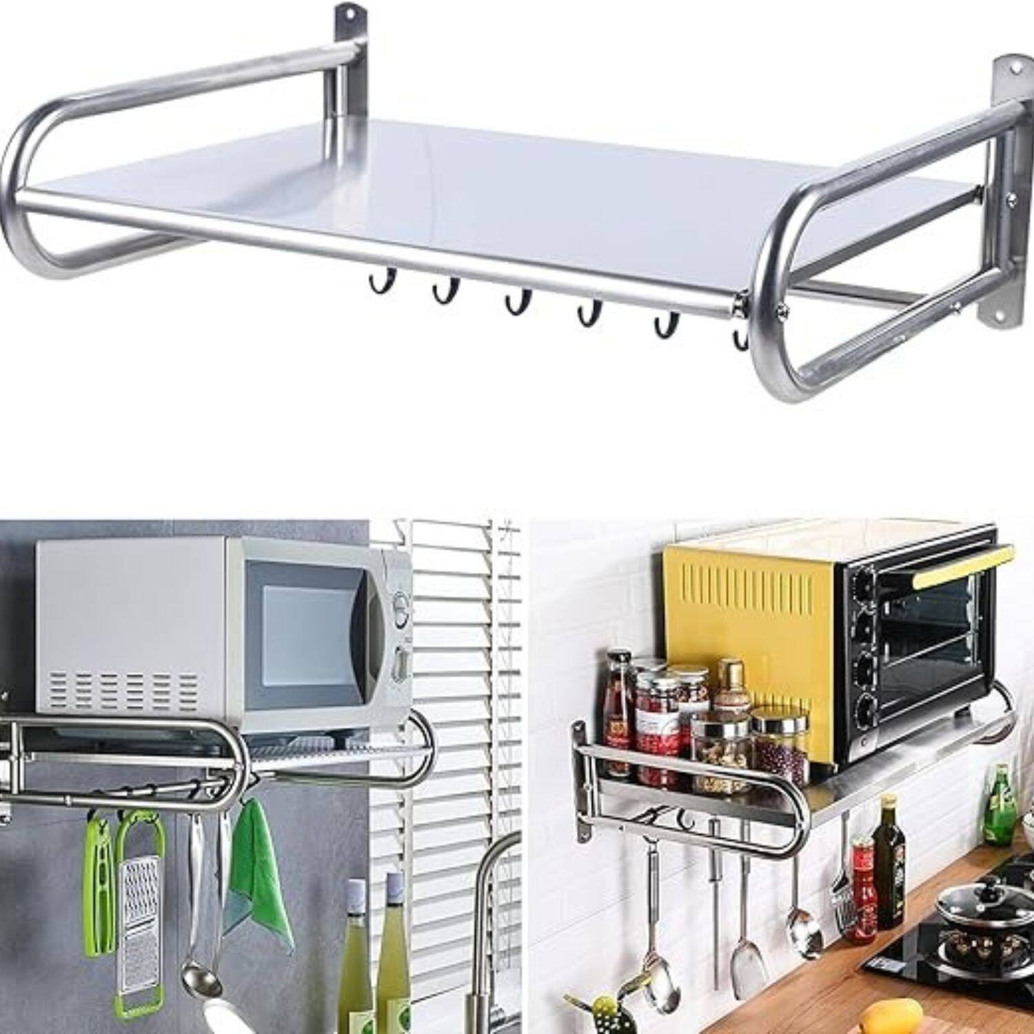 Angle. Stock Preferred - Wall-Mount Stainless Steel Microwave Oven Rack Shelf with 6 Hooks - Silver.