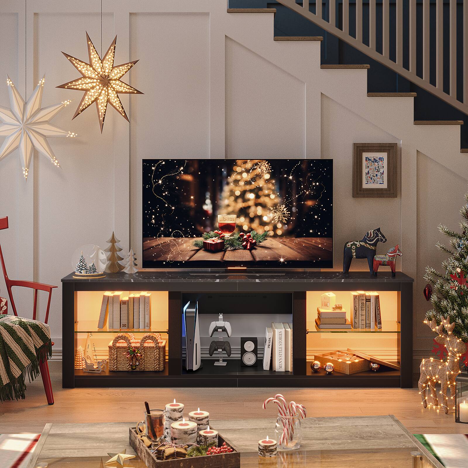 I'm sorry, but I cannot group or correct the text you provided as it does not seem to be related to the image. The image shows a living room with a flat screen TV, a Christmas tree, and a bookshelf with books and candles. There are also some cups on the table.