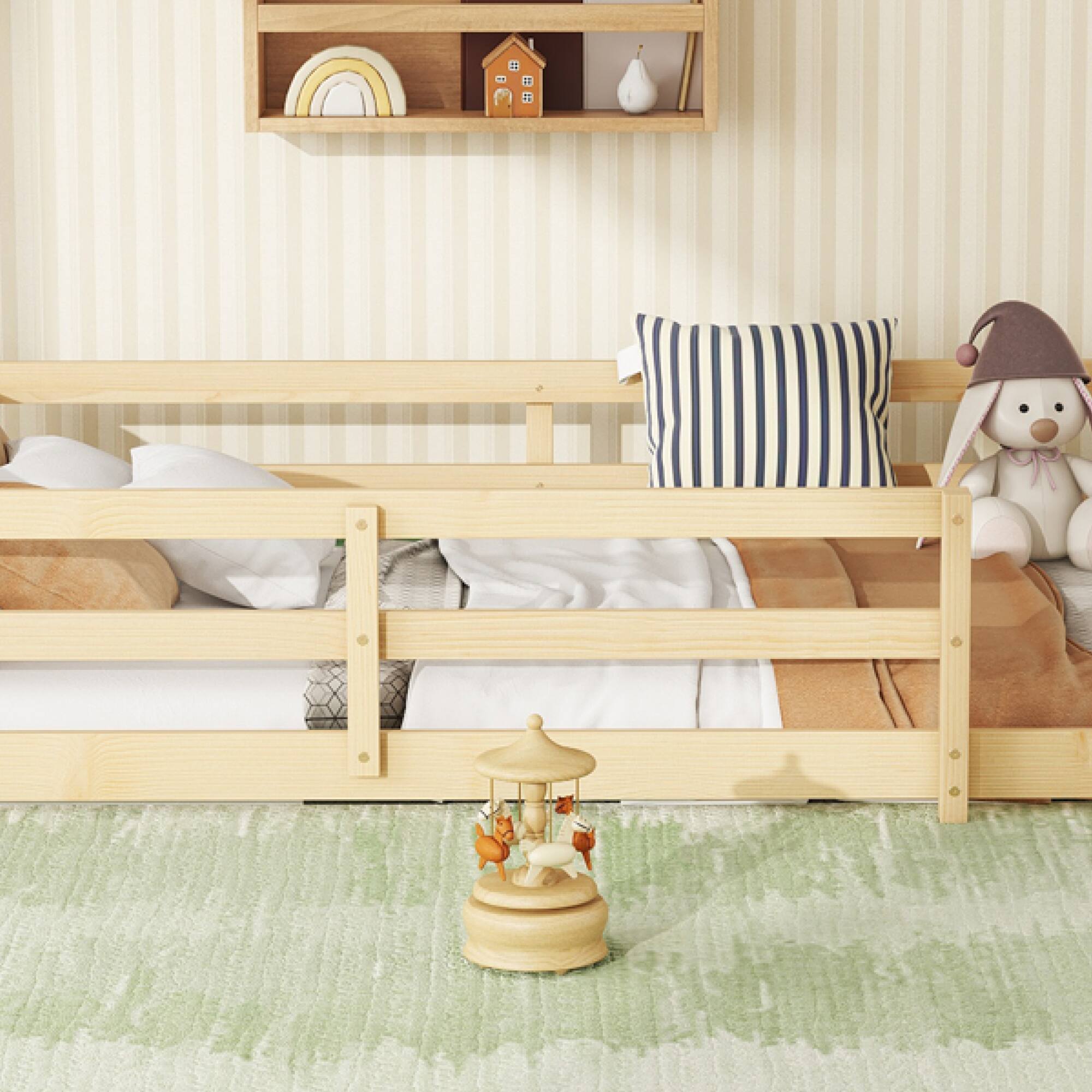 Alt View 1. GOODSILO - Twin Size Floor Bed for Kids with Safety Fence, Sturdy Wooden Montessori Style Bed Frame for Boys and Girls - Oak.