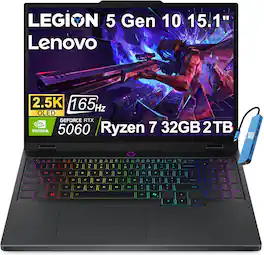 Lenovo - Legion 5 15.1" 2.5K OLED 165Hz Gaming Laptop - AMD Ryzen 7 260 with NVIDIA GeForce RTX 5060 - 32GB Memory - 2TB SSD - Eclipse Black
