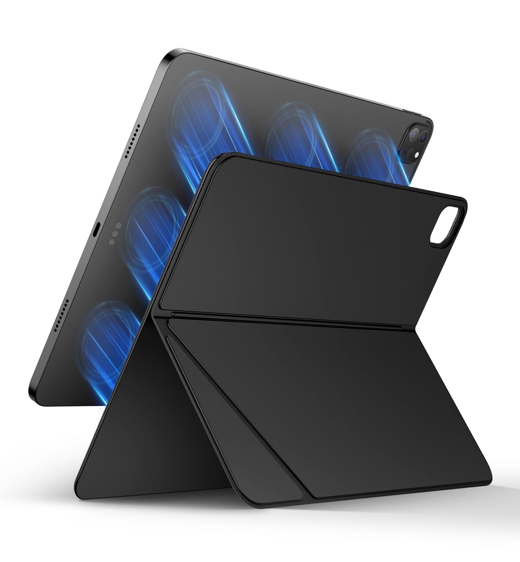 The image shows a foldable smartphone with a black cover.