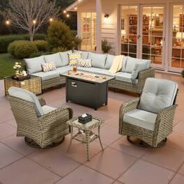 Ovios - 11 PCS Patio Furniture Set Sectional Sofa with Swivel Chair, Coffee Table and 42" Fire Pit Table - Gray