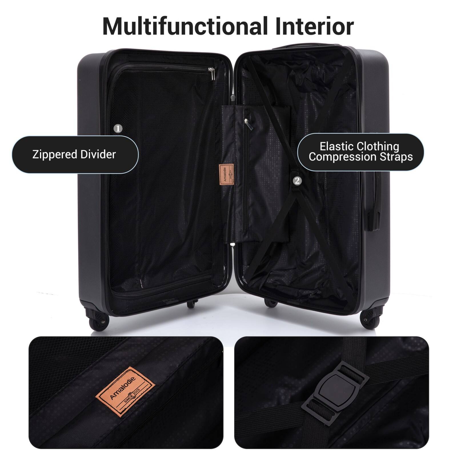 Multifunctional Interior

1. Zippered Divider
2. Elastic Clothing Compression Straps

Amalodie